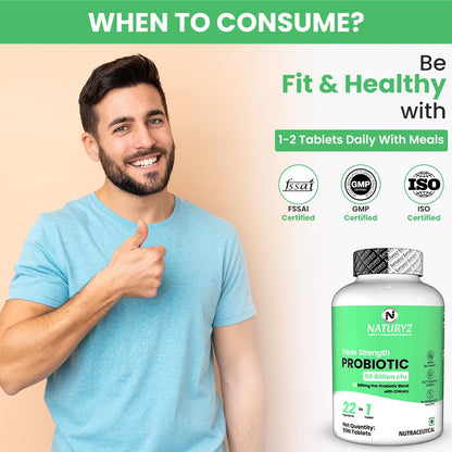 NATURYZ Triple Strength Probiotic 50 Billion CFU with Prebiotic 600 mg Chicory Root | 22 Nutrients for Gut Health | Supports Digestion, Constipation, Diarrhea, Gas & Bloating | No Refrigeration | 50 Tablets