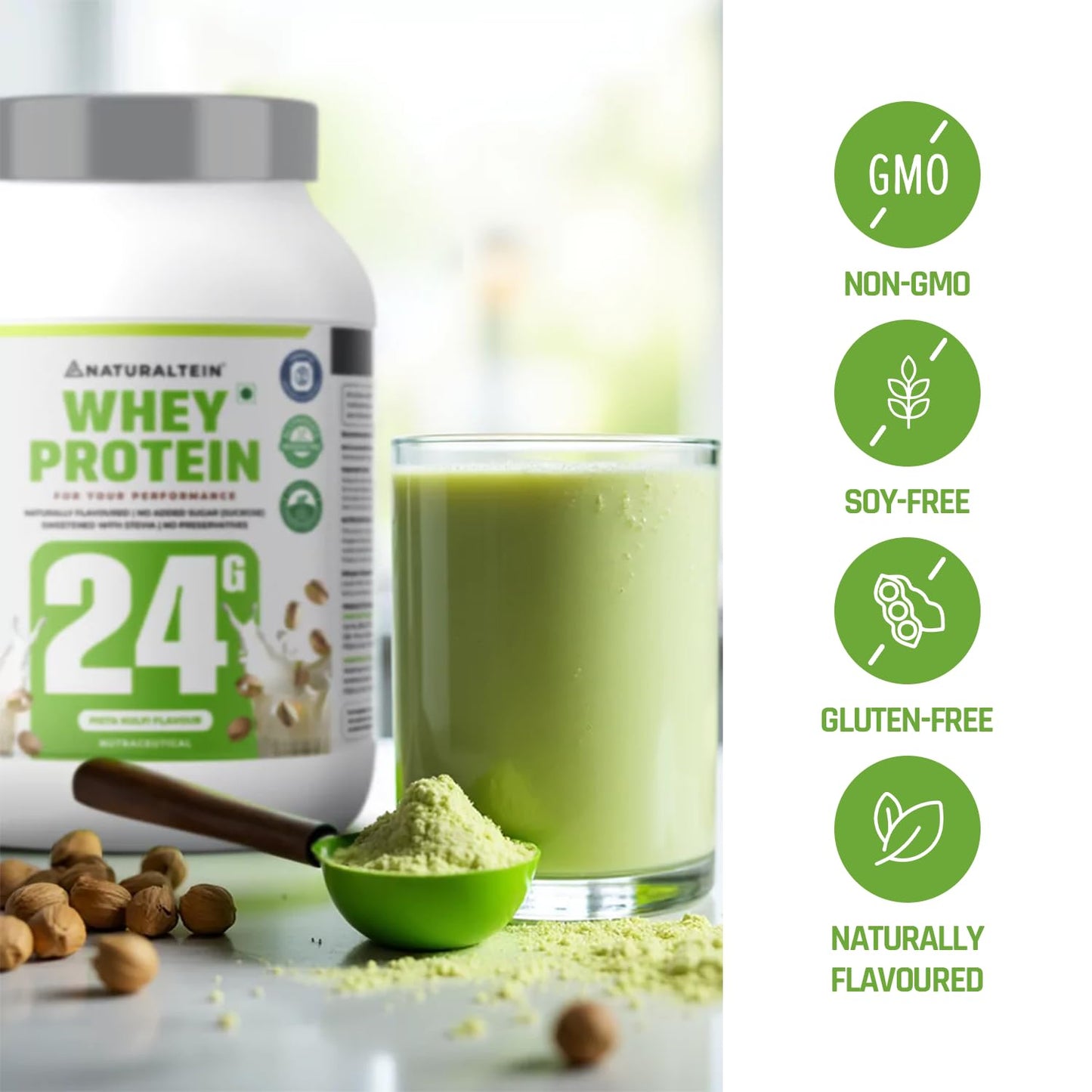 NATURALTEIN Natural Whey Protein â€“ 24g Protein per Serving | Pista Kulfi Flavour | Stevia Sweetened | No Added Sugar | Non-GMO | Soy-Free & Gluten-Free | Super Mixability | 1 kg