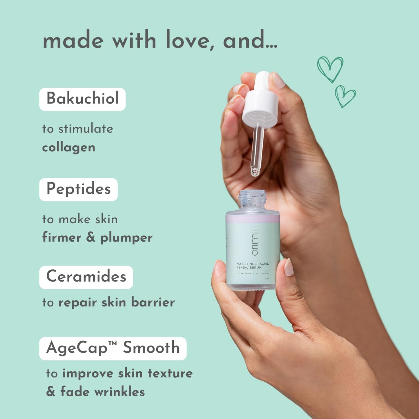 Orimii No Retinol Face Serum with 1% Bakuchiol | Anti Ageing Bakuchi Oil Serum to Reduce Fine Lines, Wrinkles & Pigmentation; Boosts Collagen | Natural Alternate to Retinol | Fragrance Free, Pregnancy Safe (30ml)