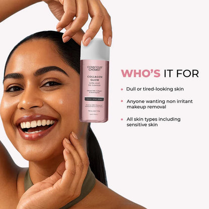 Conscious ChemistÂ® Collagen Glow Ultra Light Oil Cleanser | 50ml | Makeup Remover & Nourishing Oil Cleanser with Hydrolyzed Collagen & Peptides | Improves Elasticity, Smooths Texture & Supports Skin Barrier | For Men & Women, All Skin Types