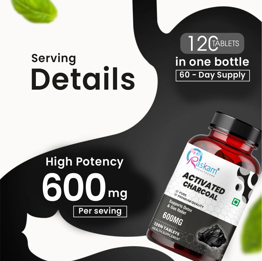 Activated Charcoal 600mg â€“ Natural Detox & Digestive Cleanser | Supports Bloating Relief & Gas | 120 Vegan Tablets