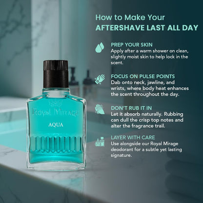 Royal Mirage Aqua Aftershave | Refreshing Lotion for Men | Lemon, Rose & Sandalwood Notes | Post-shave Lotion | Ideal for Events, Meetings & Date Nights | Grooming Essentials for Men | 100ml