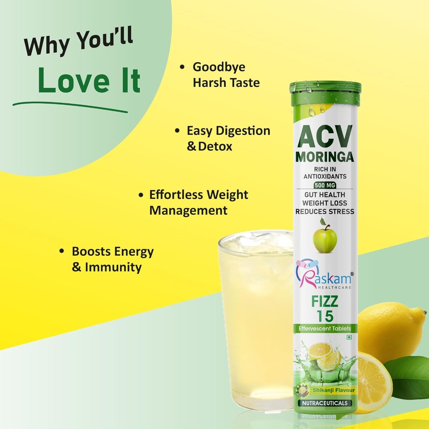 ACV Moringa Effervescent Tablets | 15 Tablets, 500mg Natural Energy & Immunity Booster with Antioxidants (Shikanji)