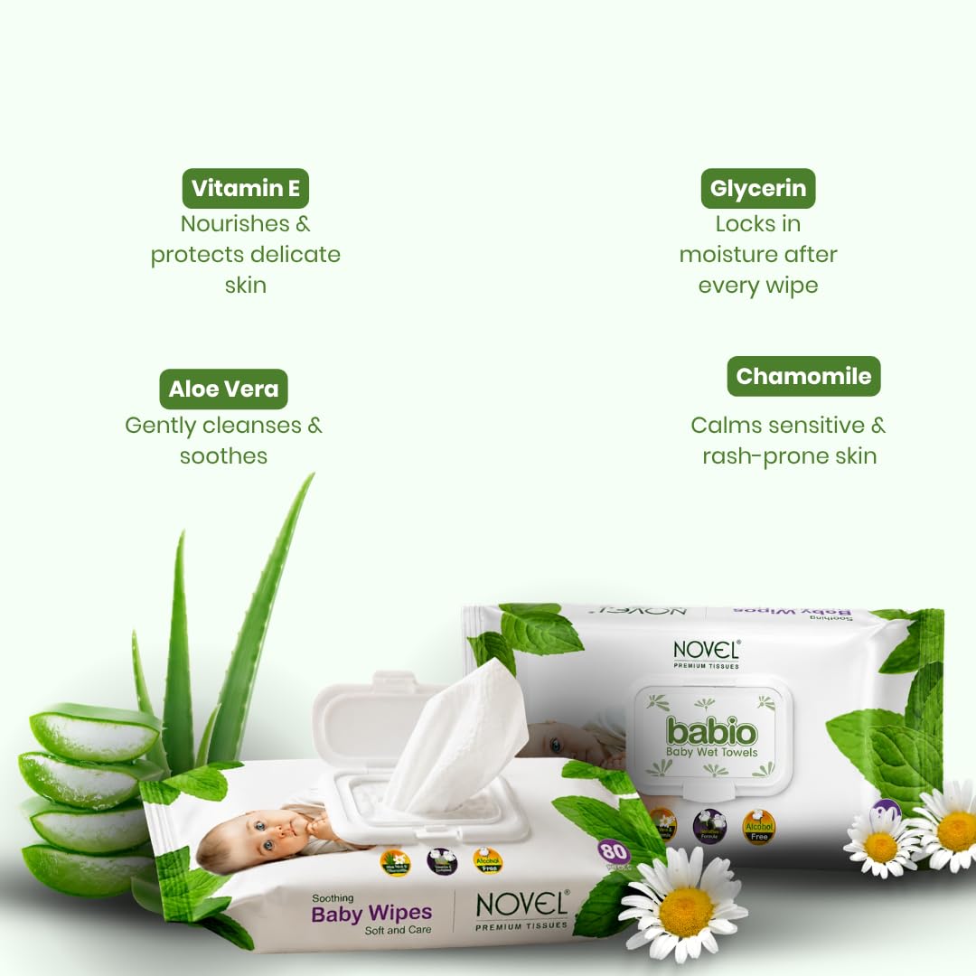 Novel Baby Wet Wipes 80 Wipes x Pack of 3 (240 Wipes) | Aloe Vera, Chamomile, Vitamin E Enriched | pH Balanced, Alcohol, Hypoallergenic & Paraben-Free | Soft Gentle Baby Wipes with Lid