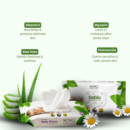 Novel Baby Wet Wipes 80 Wipes x Pack of 3 (240 Wipes) | Aloe Vera, Chamomile, Vitamin E Enriched | pH Balanced, Alcohol, Hypoallergenic & Paraben-Free | Soft Gentle Baby Wipes with Lid
