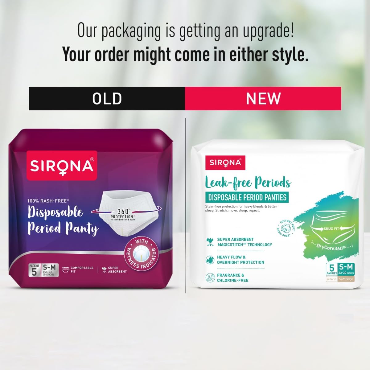 Sirona Disposable Period Panty for Girls & Women |S-M | Pack of 5 | 360Â° Coverage for Stress Free Periods | Leakage Protection for Heavy Flow | Rash Free | Super Absorbent with Comfortable Fit