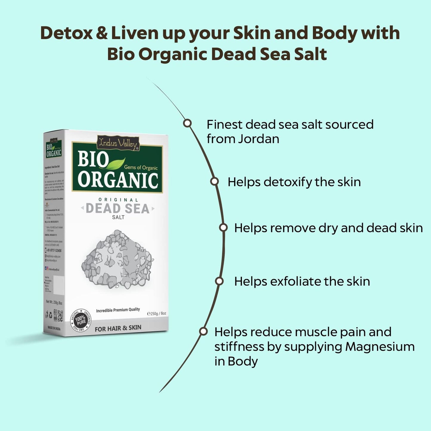 INDUS VALLEY Bio Organic 100% Natural Dead Sea Salt for Skin Healing, Detoxifies Skin, Stimulate Hair Growth and Hydration (250g)