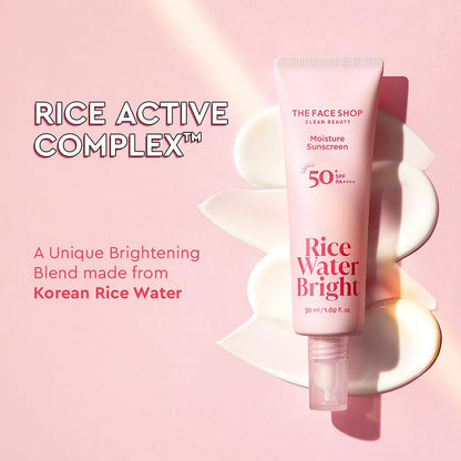 The Face Shop Rice Water Bright Sunscreen SPF 50+ PA++++ with Vitamin B5 Panthenol | Hydrating Korean Sun Cream for Glass Skin & Brightening | No White Cast, Non-Sticky Moisturizer, 50ml