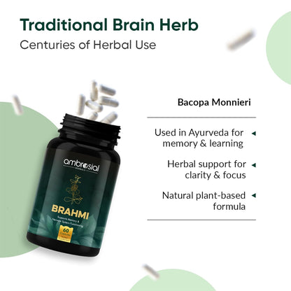 Ambrosial Brahmi 500 mg EACH Bacopa Monnieri Capsules (Pack of 1-60 Capsules)
