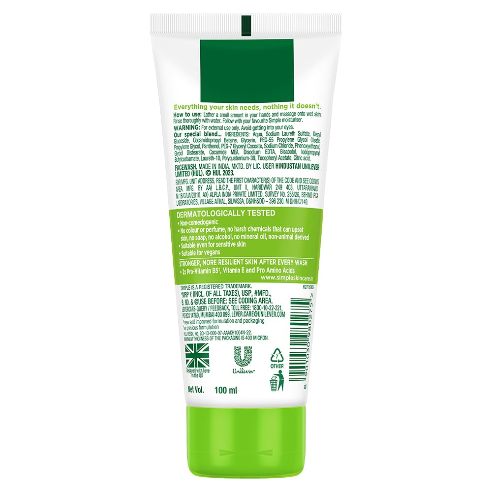 Simple Kind To Skin Moisturising Facial Wash 100 ml | 100% Soap-Free Facewash | For normal to dry skin