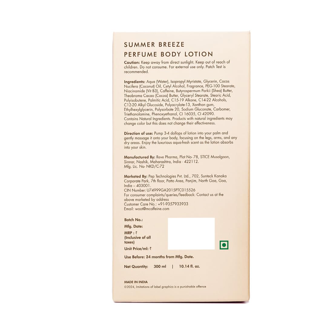 mCaffeine Summer Breeze Perfume Body Lotion 300ml| Niacinamide, Cocoa & Shea Butter For Deep Moisturization | Lightweight, Non-Sticky & Daily Use | Aqua-Fresh Beachy Fragrance | Summer Body Cream for Dry Skin