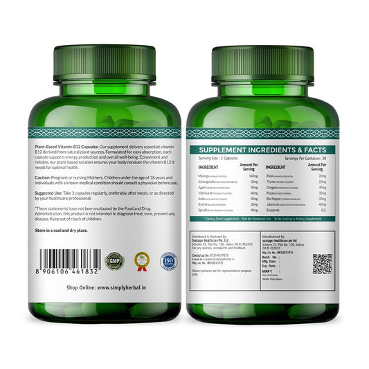 Simply Herbal Plant Based Vitamin B12 Capsules Improves Your Brain Function & Nervous System for Men & Women, (60 Capsules)