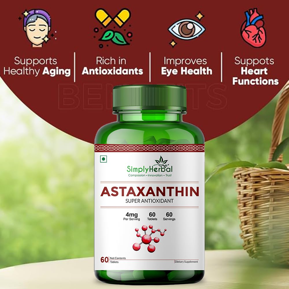 Simply Herbal Astaxanthin 4mg Super Antioxidant, Supplement tablet Promote Healthy Skin & Muscle Health Also Support Heart Function & Immunity (60 Veg Tablets)