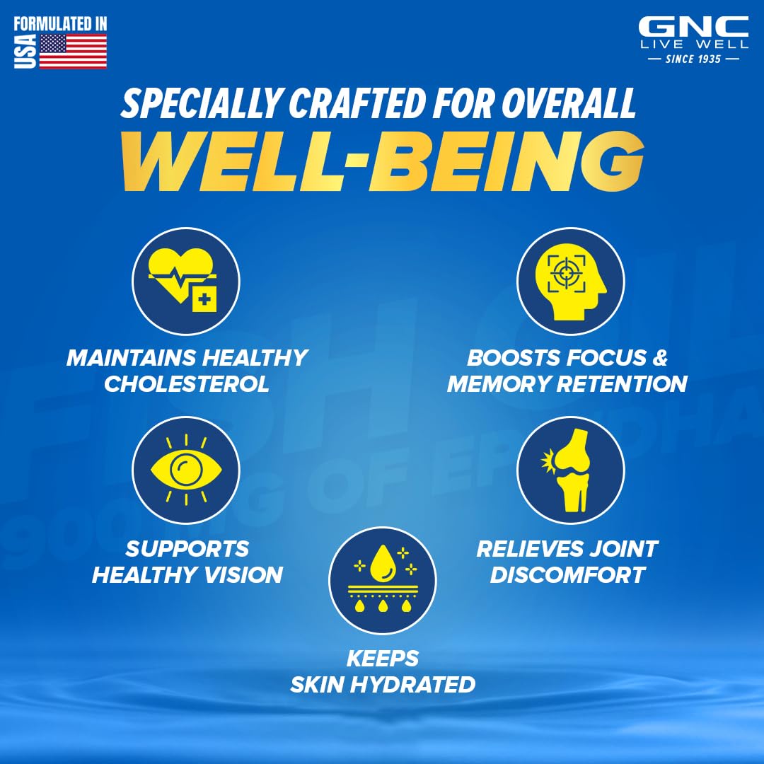 GNC 1500 MG Triple Strength Fish Oil Omega 3 Capsules for Men & Women | 60 Softgels | 900mg (540 MG EPA & 360 MG DHA) | Improves Memory | Protects Vision | No Fishy Aftertaste