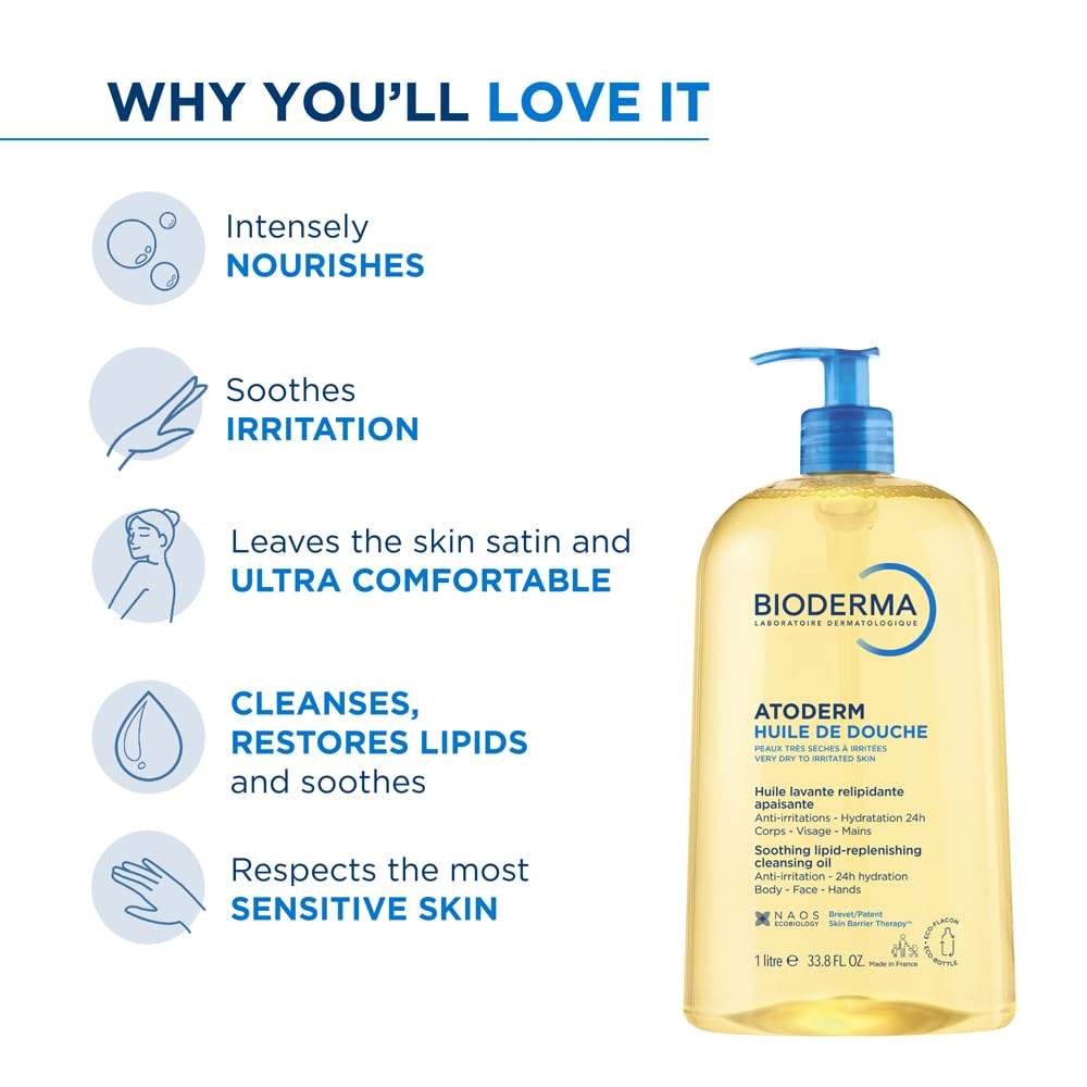 Bioderma Atoderm Huile de douche Anti-iritation Cleaning Oil | 24hrs Hydration | Face and Body Moisturizer | Soothes Discomfort - Dry to Very Dry Sensitive Skin - 1 Ltr