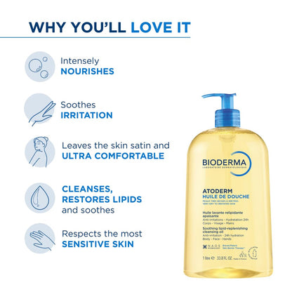 Bioderma Atoderm Huile de douche Anti-iritation Cleaning Oil | 24hrs Hydration | Face and Body Moisturizer | Soothes Discomfort - Dry to Very Dry Sensitive Skin - 1 Ltr