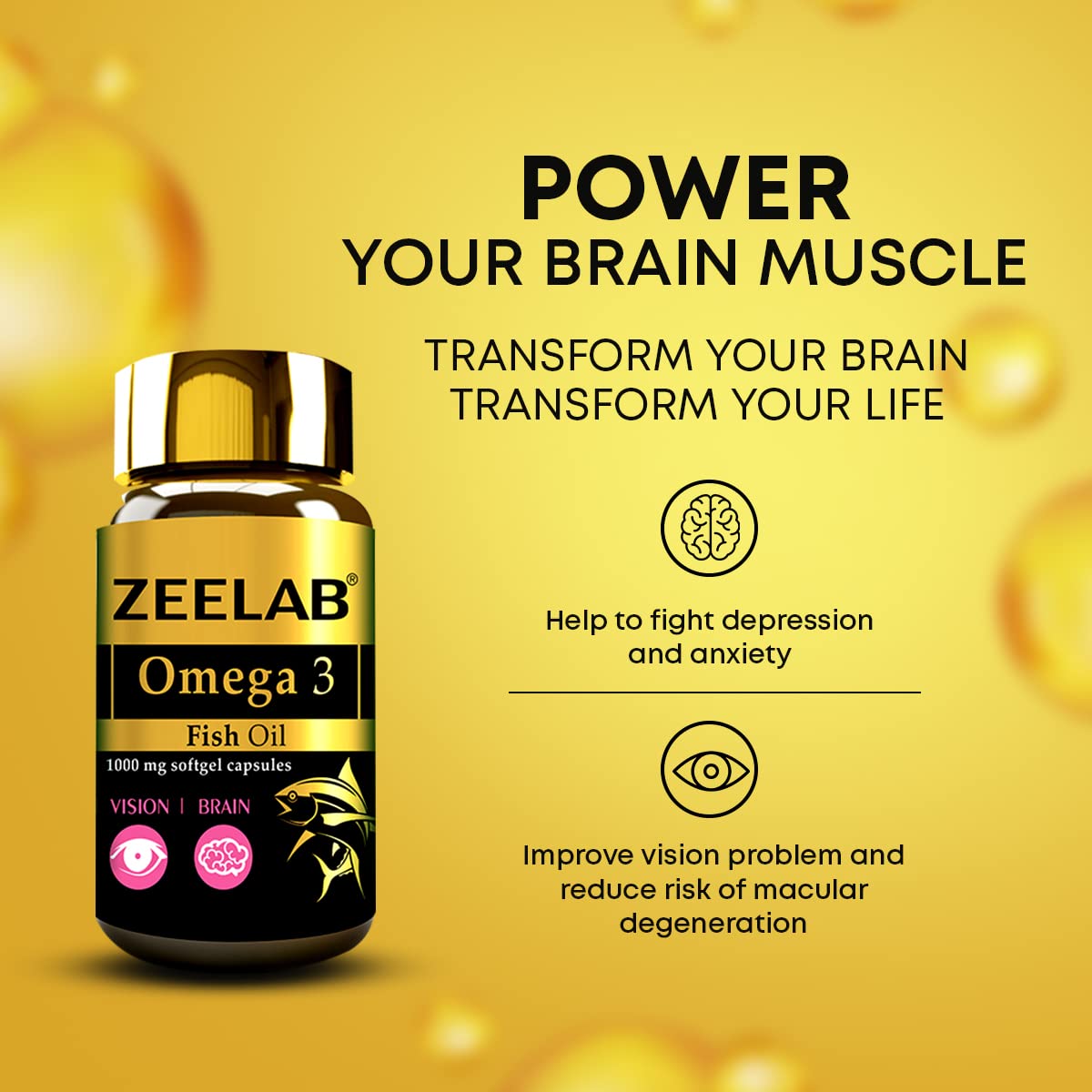 Zeelab Omega 3 Fish Oil Capsules with EPA & DHA â€“ Supports Heart, Brain, Eye, Joint Health â€“ Helps Maintain Cholesterol & Triglyceride Levels â€“ For Men & Women â€“ 1000mg Softgels