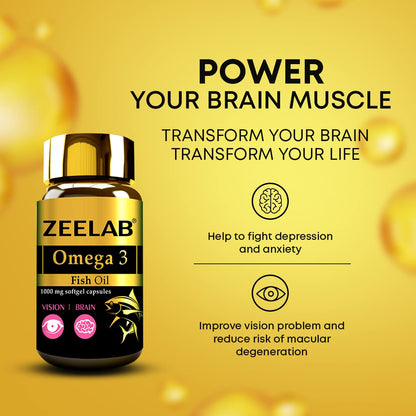 Zeelab Omega 3 Fish Oil Capsules with EPA & DHA â€“ Supports Heart, Brain, Eye, Joint Health â€“ Helps Maintain Cholesterol & Triglyceride Levels â€“ For Men & Women â€“ 1000mg Softgels