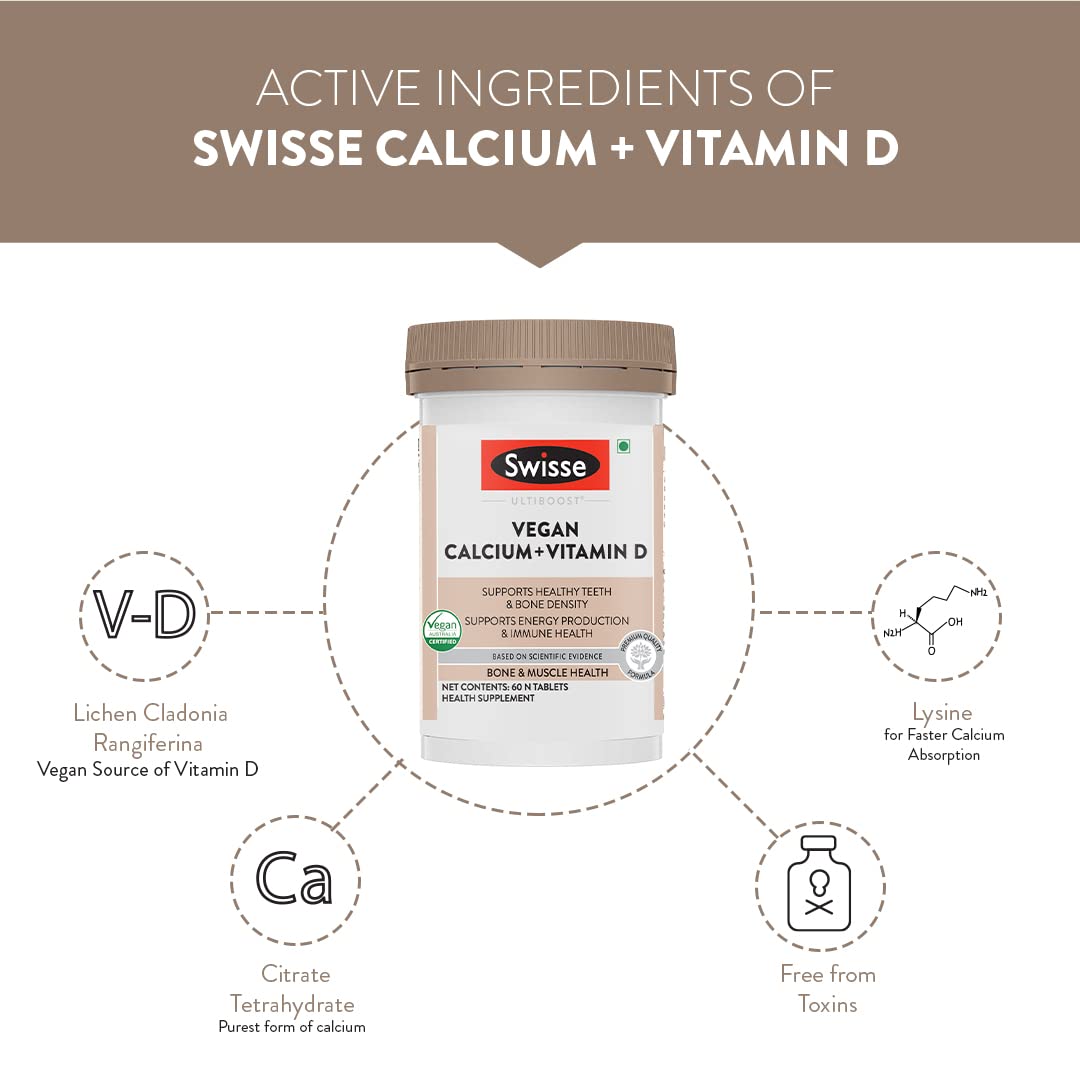 Swisse Vegan Calcium + Vitamin D3 for Stronger Bones, Teeth, Muscles & Immunity - 60 Tablets (Manufactured In Australia, Vegan Source Calcium Supplement For Higher Absorption)
