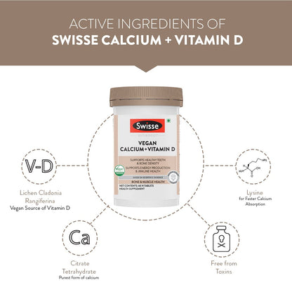 Swisse Vegan Calcium + Vitamin D3 for Stronger Bones, Teeth, Muscles & Immunity - 60 Tablets (Manufactured In Australia, Vegan Source Calcium Supplement For Higher Absorption)