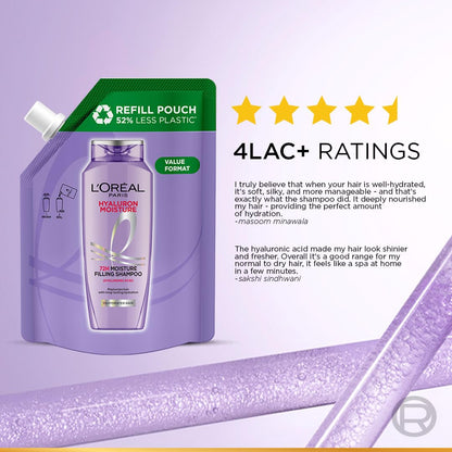 Lâ€™OrÃ©al Paris Hyaluron Moisture Shampoo Refill With Hyaluronic Acid For 72 HR Hydrated Hair, 500ml