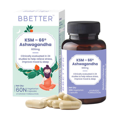BBETTER Ashwagandha KSM 66 Capsules 600mg | Lab Tested | Lab Report Attached | Ashvagandha Tablet For Stress, Sleep Management & Anxiety Relief | Rejuvenates Mind & Body | 60 Veg aswagandha Capsules