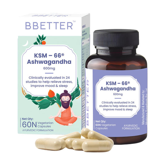BBETTER Ashwagandha KSM 66 Capsules 600mg | Lab Tested | Lab Report Attached | Ashvagandha Tablet For Stress, Sleep Management & Anxiety Relief | Rejuvenates Mind & Body | 60 Veg aswagandha Capsules