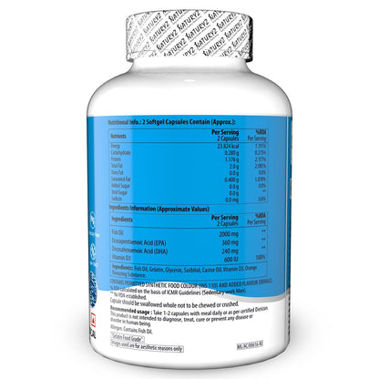NATURYZ BURPFREE OMEGA 3 Fish Oil 2000 Mg with Vitamin D3 | No Fishy Burps | Extracted from Sardines & Anchovies | EPA & DHA | Nano Emulsion Capsules for faster absorption & superior Bioavailability | Muscle,Skin,Eyes, Heart & Brain Health- 90 Softgels