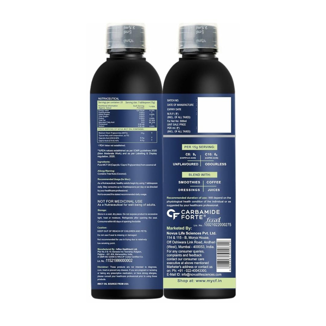 Carbamide Forte Pure MCT Oil C8 From USA | 100% Coconut Source | MCT Oil Keto & Paleo Friendly | Vegetarian â€“ 500ml
