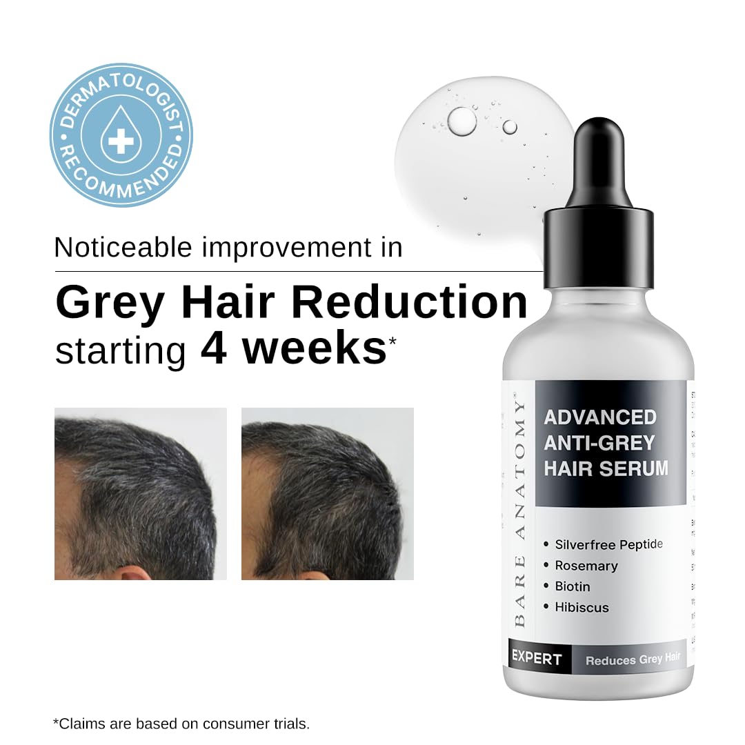 Bare Anatomy Advanced Anti-Grey Serum | Reduces Hair Greying | Silverfree Peptide + Biotin + Rosemary | Fast Absorbing, Odorless, Non-Sticky | Clinically proven formula For Men & Women | 50ml