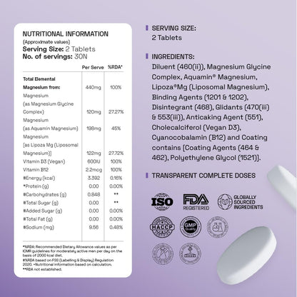 Ace Blend Max Magnesium Glycinate (60 tablets) | 1600mg Triple Complex | 440mg Elemental Magnesium | Calcium, Vegan Vitamin B12 & D3 | Promotes Deep Sleep, Muscle Recovery & Heart Health