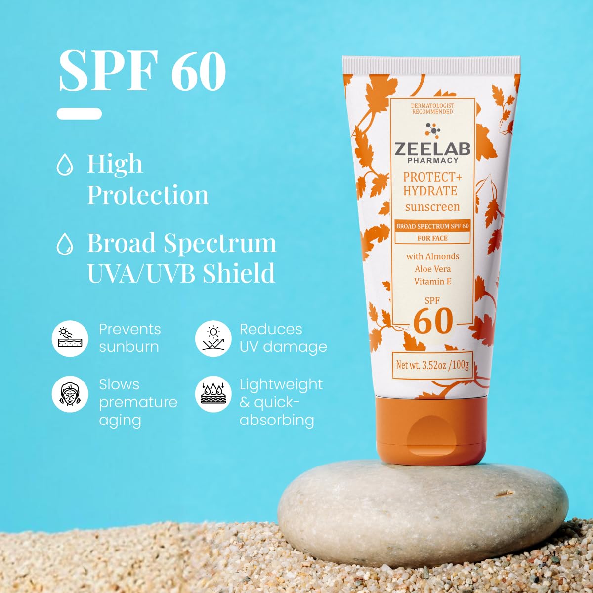 Zeelab Sunscreen Lotion SPF 60+ | Broad Spectrum UVA/UVB Protection | Lightweight, Non-Greasy Formula with Aloe Vera, Almond Oil & Vitamin E | Prevents Sunburn, Tanning & Ageing | 100 gm