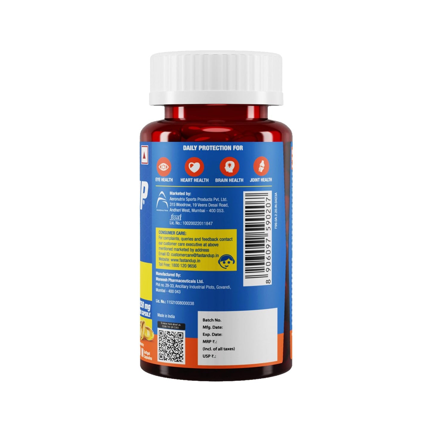 Fast&Up Promega with Double Strength 1250 mg Omega-3 Rich Fish Oil (60 Capsules) | High 375 mg EPA & 250 mg DHA ratio (3:2) For Heart, Eyes, Joints & Brain Health | No Fishy Aftertaste, Smell or Burps