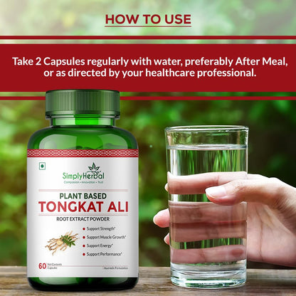 Simply Herbal Tongkat Ali root extract powder 1000mg | Enhanced testosterone level, Stamina and Stress tolerance 60 Veg Capsules