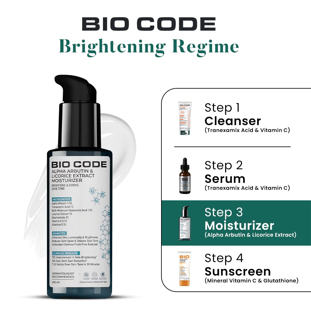 Bio Code 1.5% Alpha Arbutin Brightening Moisturizer (100ml) â€“ with 1% Tranexamic Acid, 1% Licorice & 2% Niacinamide | For Even Tone & Deep Hydration | AI-Enhanced Formula | Dermatologist Recommended