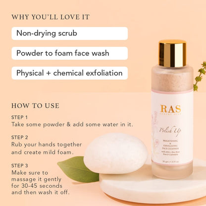 RAS Luxury Oils Polish Up Brightening & Exfoliating Face Wash Cleanser | With AHA, Rice Bran, Rose & Calendula | Removes Dirt & Dead Skin Cells | Gently Exfoliates & Brightens Skin | 30 gm