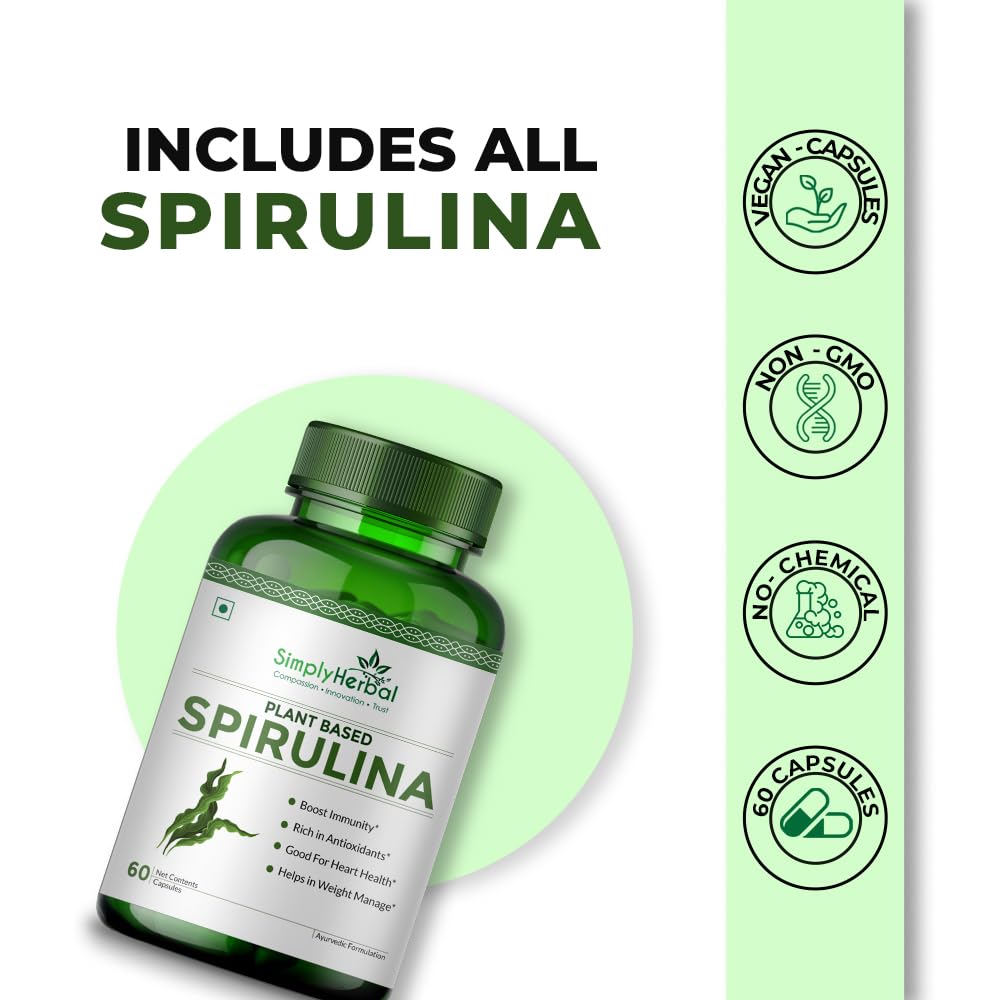 Simply Herbal Spirulina Capsules for Immunity | Natural Super Food and Nutritional Supplement | Green Food for Good Health Weight Management and Immunity Booster â€“ 60 Capsules