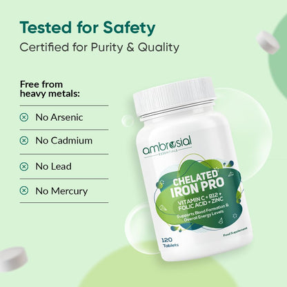 Ambrosial Iron Bisglycinate with Folic Acid, Vitamin C, Vitamin B12 & Zinc | Chelated Iron Tablets for Men & Women | 120 Vegetarian Tablets
