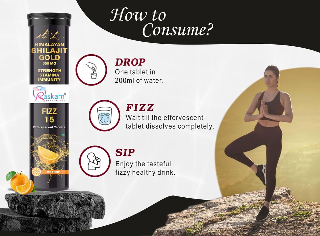 Himalayan Shilajit Gold Fizz 15 Effervescent Tablets (Orange Flavour, 500mg, Pack of 1) | With Ashwagandha, Gokshura & Safed Musli for Strength
