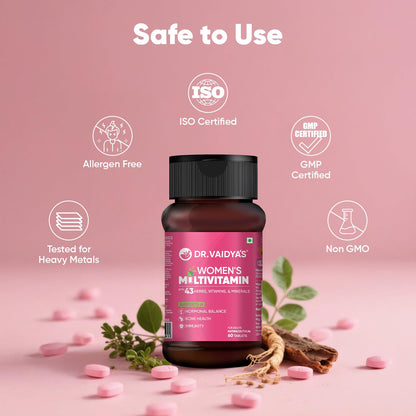 Dr. Vaidyaâ€™s Multivitamin for Women | Natural Multivitamin Enriched with Ayurvedic Herbs like Shatavari | Goodness of Calcium and Vitamin D3 tablets, Magnesium supplement, Vitamin B12 supplements & Herbal Extracts | (60 tablets) Pack of 1