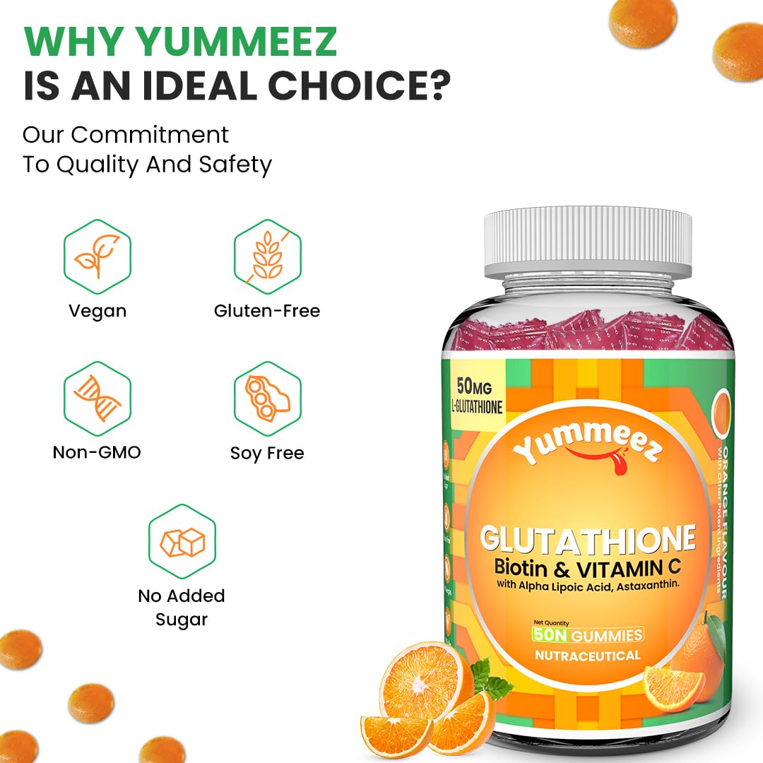 NATURYZ L-Glutathione with Biotin 2-in-1 Gummies | Vitamin C, Vitamin E & Astaxanthin | Skin Glow, Brightening, Depigmentation, Hair Growth for Men & Women | No added sugar- 50 Gummies (Orange)