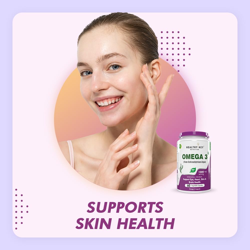 HealthyHey Nutrition Natural Omega 3 - Support Heart, Brain & Joint - Sourced from Algae - Fish Oil-free - 60 Veg Capsules