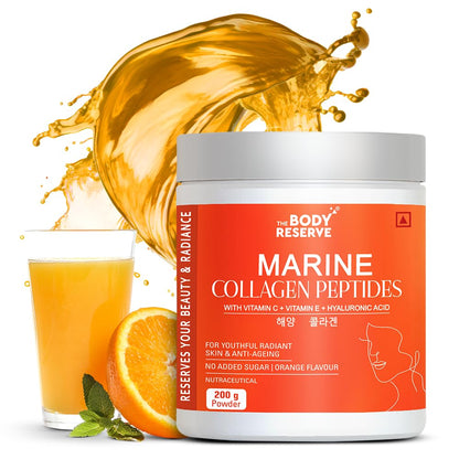The Body Reserve Marine Collagen Peptides (Orange, 200g) | With Vitamin C, Vitamin E, Sodium Hyaluronate & Biotin | Supplement for Healthy Skin, Hair & Nails | Hydrolyzed Fish Powder for Women & Men