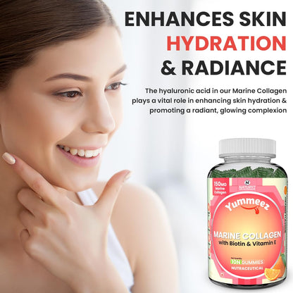 Naturyz Marine Collagen Gummies for Skin Health with Hyaluronic Acid, Vitamin C, Vitamin E & Biotin | Supports Skin Elasticity, Hydration & Glow | Easy-to-Absorb Collagen Gummy | No Added Sugar, Delicious Taste- 10 count (Orange Flavor)