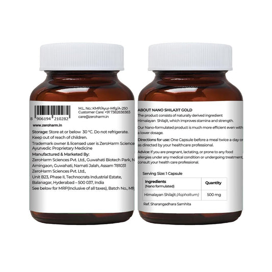 ZEROHARM Nano Shilajit Gold Capsules | Pure Himalayan Shilajit 500mg | Fulvic & Humic Acid | Supports Natural Energy, Stamina & Muscle Growth | Boosts Testosterone Levels for Men | 30 Capsules