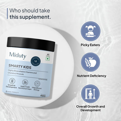 Miduty by Palak Notes Smarty Kids Multivitamin Multimineral, B Complex, Vitamin C, Vitamin A & Active Immunity For Picky Eaters No Fructose Corn Syrup No Preservatives - Natural Flavor - Pack of 60