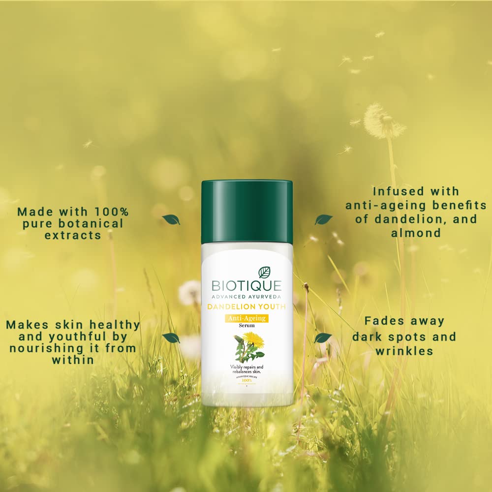 Biotique Dandelion Youth Anti-Ageing Serum| Ayurvedic and Organically Pure| Anti-Ageing Serum for Men & Women| Reduces Fine Lines & Wrinkles |100% Botanical Extracts| All Skin Types | 40ml