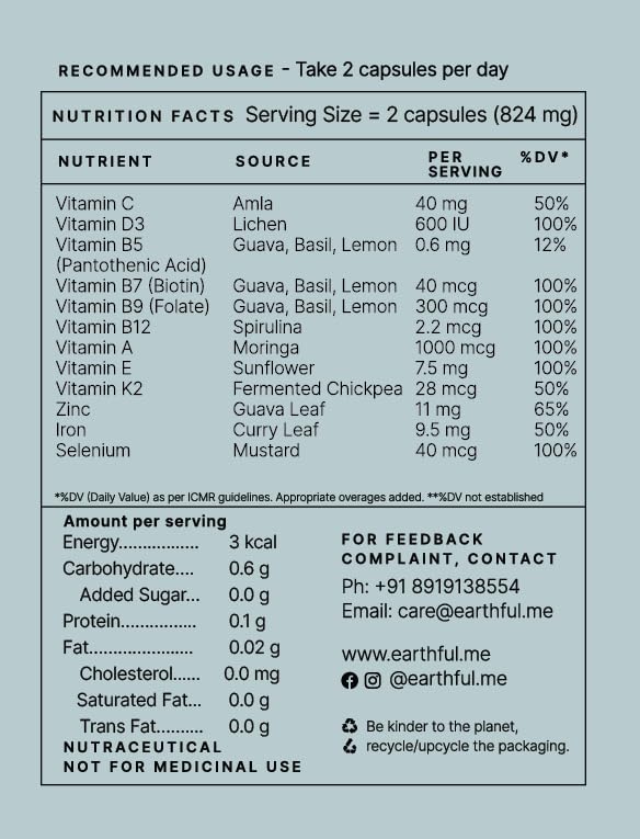 Earthful Multivitamin for Men | 100% Plant, Non-Synthetic | With Biotin, Iron, Zinc, Vitamin A, C, D3, K2 for Immunity, Hair, Skin & Bones - 60 Capsules