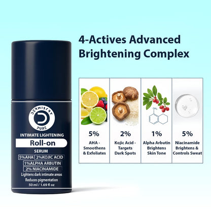 Dermistry Intimate Lightening Brightening Roll On Serum for Private Parts Bikini Area Inner Thighs Men Women Targets Dark Spots Pigmentation Reduces Itching Dryness Bad Odor 50ml