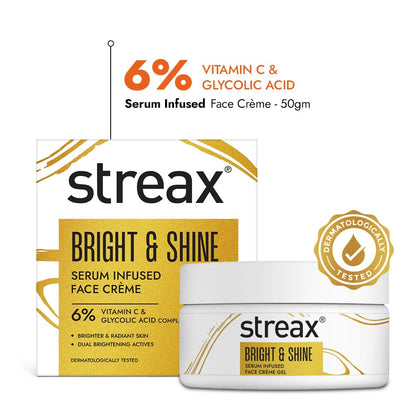 Streax Bright & Shine Serum Infused Face Cream Gel, 50 gm with 6% Vitamin C & Glycolic Acid